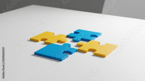 Partially connected puzzle pieces on large table symbolizing collaborative process, creative teamwork and idea development