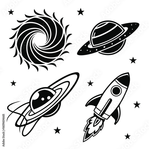 Black silhouettes of celestial bodies and spacecraft rocket
