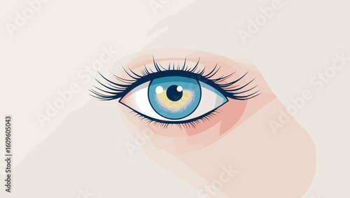 Close-up illustration of a human eye with vibrant blue iris and eyelashes