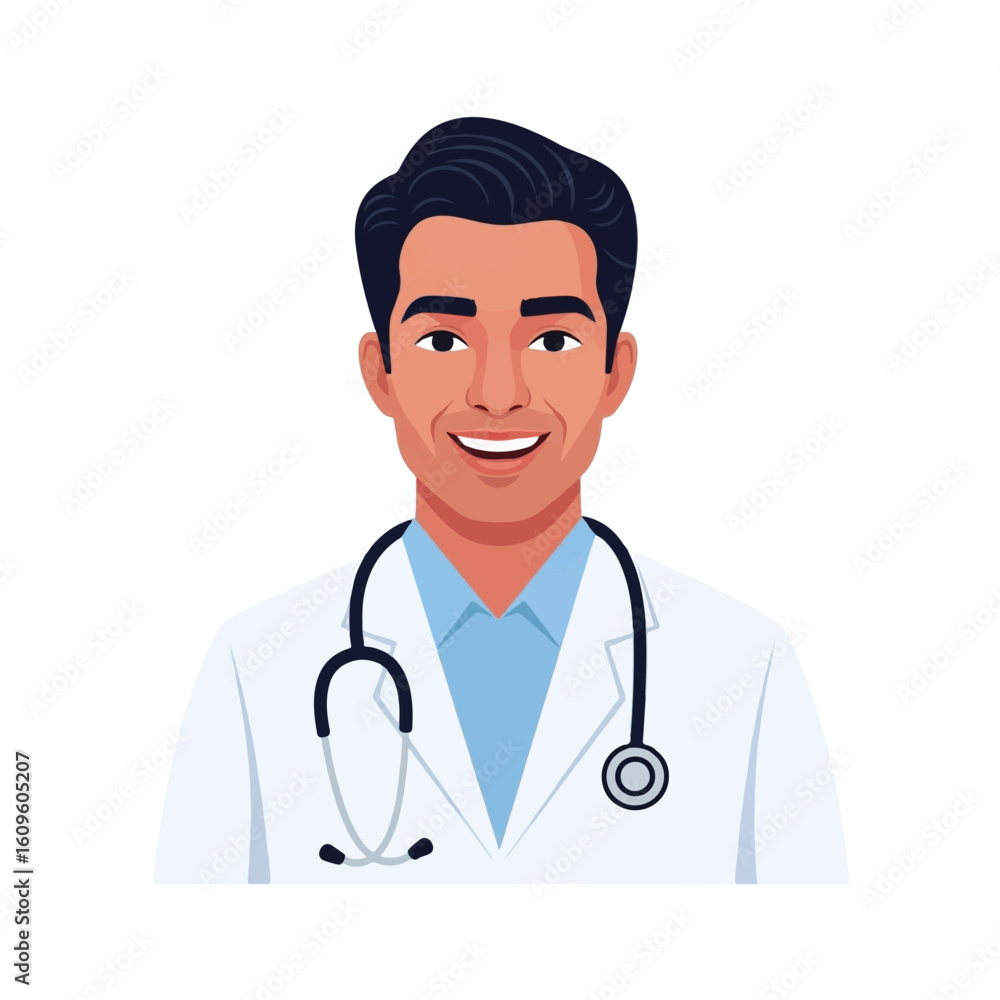 Fototapeta premium Smiling male doctor wearing a white coat and stethoscope, confident expression.