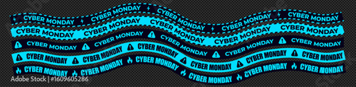 Cyber Monday Sale Ribbon Banner set with Turquoise Text on Black Tapes. Wavy Striped Advertising Design Isolated on Dark Background for Ecommerce, Promotions, and Shopping Ads. Vector Illustration