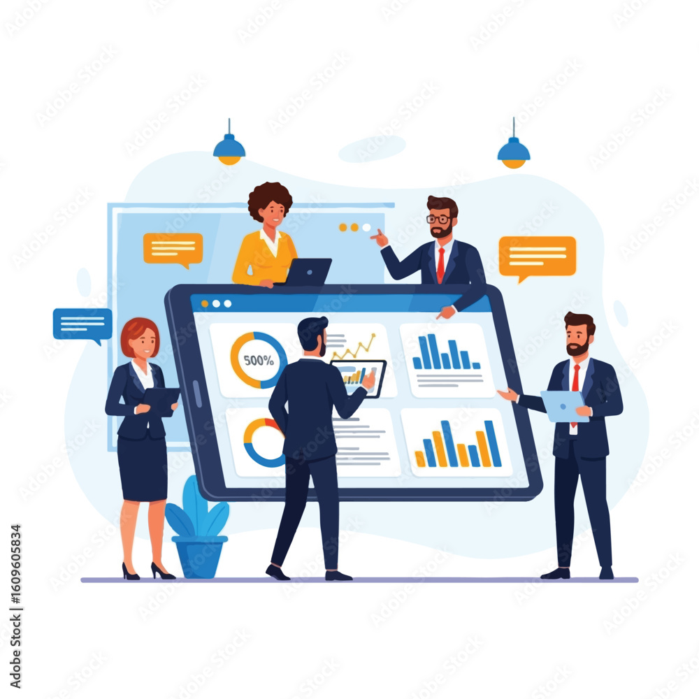 Business team analyzing data charts and graphs displayed on a large tablet screen, collaborating and discussing strategy. Business team analyzing data charts and graphs displayed on a large tablet screen, collaborating and discussing strategy.