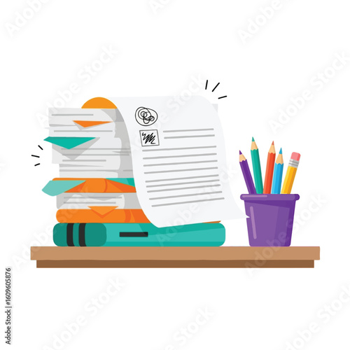Illustration of a stack of papers with bookmarks on books, and a pencil holder with colored pencils on a shelf.