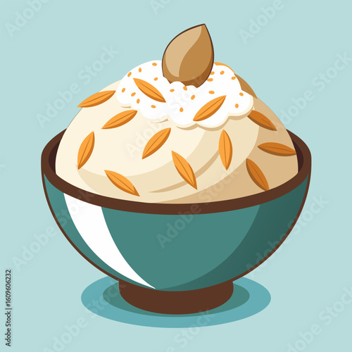 Almond and oat dessert in a teal bowl. A light. creamy dessert with topped with almond pieces and whipped cream.