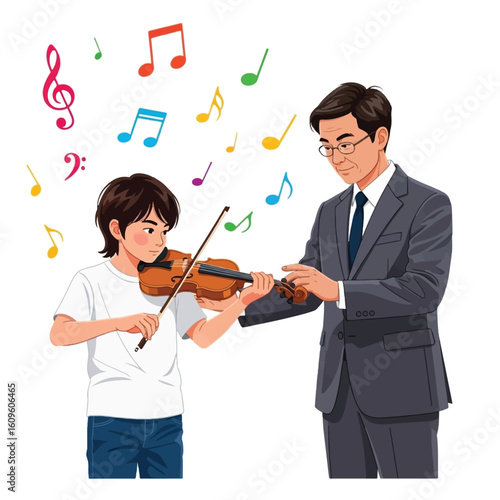 A young boy learning violin from a teacher, surrounded by musical notes.