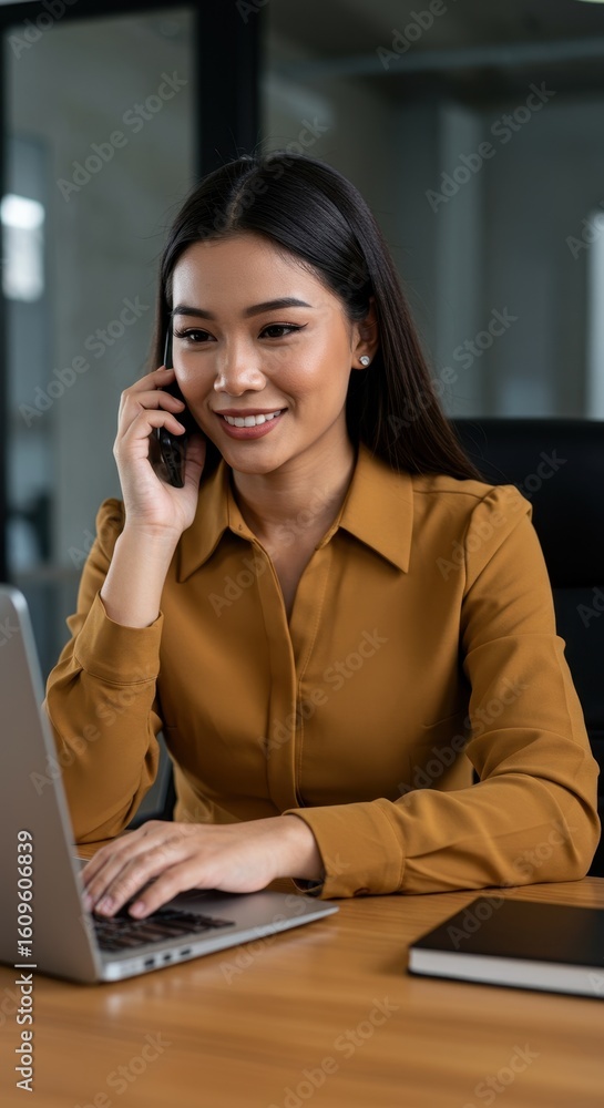 Attractive Asian Businesswoman Working On Laptop While Talking On The Phone Quickly Attractive Asian Businesswoman Working On Laptop While Talking On The Phone Quickly