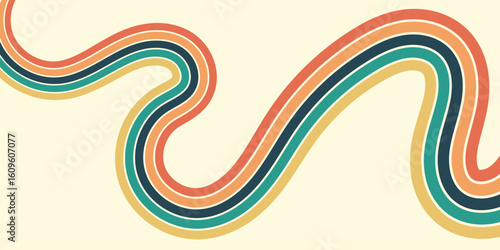 Abstract background of rainbow groovy Wavy Line design in 1970s Hippie Retro style. Vector pattern ready to use for cloth, textile, wrap and other.