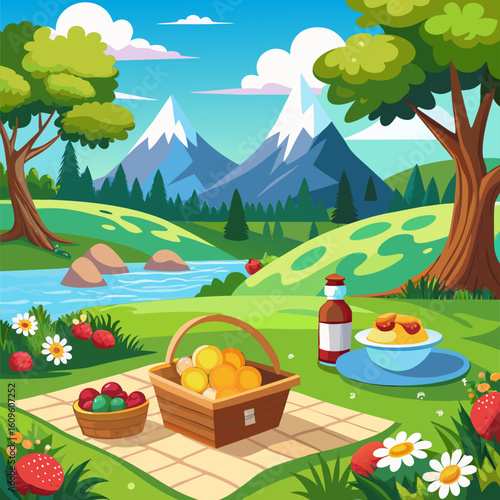 A picturesque picnic scene featuring a family enjoying fresh fruits and drinks in a scenic mountain valley. Relaxing outdoors by a babbling brook with a view of snow capped peaks.