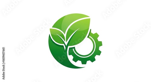 Green leaves and gear symbol represent ecology technology or sustainable industry.
