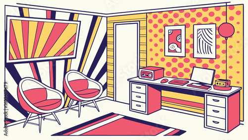 Illustration of a retro styled room interior with furniture and patterned walls and floor covering