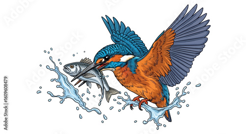 A vibrant illustration of a kingfisher bird catching a fish, emerging from a water splash.