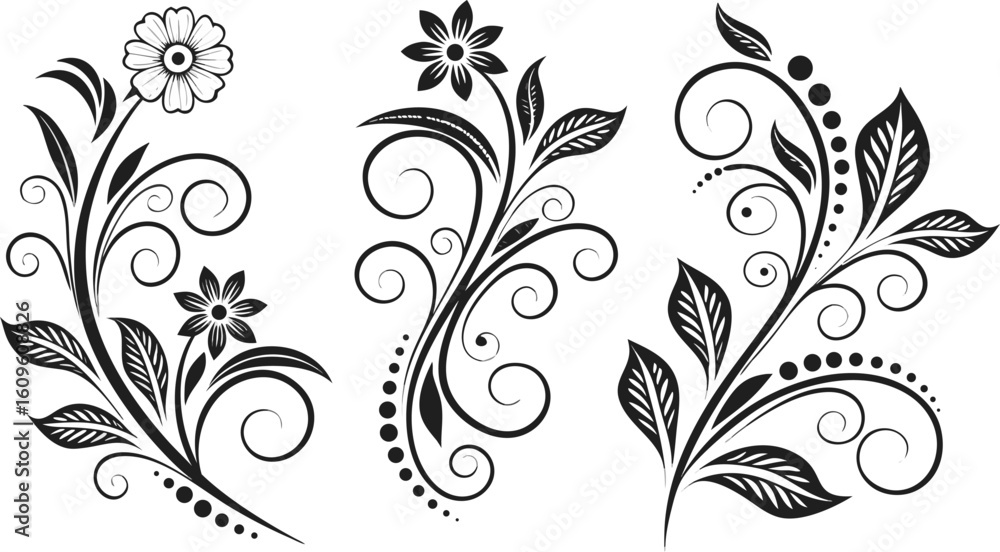 Ornamental design elements - a collection of ornate black and white floral vector elements. Each design should feature intricate swirls, curls, and botanical motifs such as leaves, vines, petals, and Ornamental design elements - a collection of ornate black and white floral vector elements. Each design should feature intricate swirls, curls, and botanical motifs such as leaves, vines, petals, and