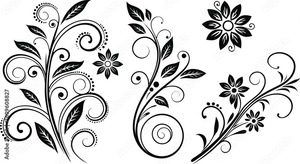 Ornamental design elements - a collection of ornate black and white floral vector elements. Each design should feature intricate swirls, curls, and botanical motifs such as leaves, vines, petals, and Ornamental design elements - a collection of ornate black and white floral vector elements. Each design should feature intricate swirls, curls, and botanical motifs such as leaves, vines, petals, and