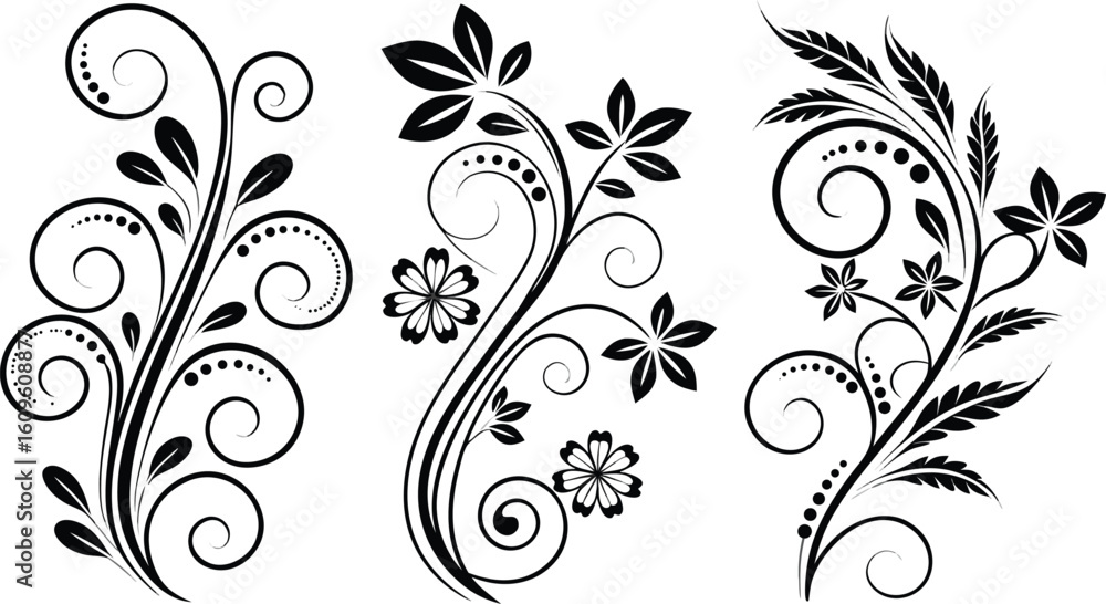 Ornamental design elements - a collection of ornate black and white floral vector elements. Each design should feature intricate swirls, curls, and botanical motifs such as leaves, vines, petals, and Ornamental design elements - a collection of ornate black and white floral vector elements. Each design should feature intricate swirls, curls, and botanical motifs such as leaves, vines, petals, and