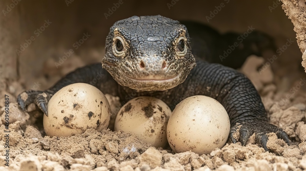 Fototapeta premium Lizard guarding its eggs