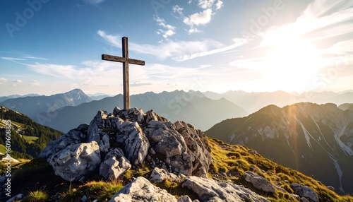 Wooden cross atop a mountain peak at sunset