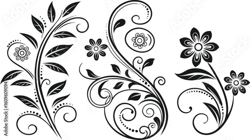 Ornamental design elements - a collection of ornate black and white floral vector elements. Each design should feature intricate swirls, curls, and botanical motifs such as leaves, vines, petals, and 