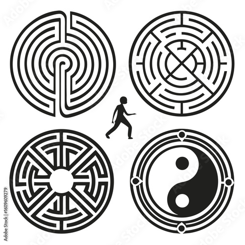 Four circular mazes and a walking silhouette labyrinth geometric
