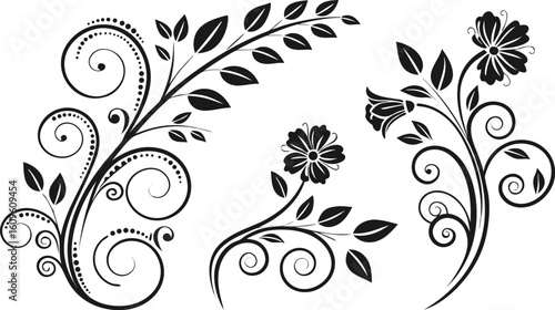 Ornamental design elements - a collection of ornate black and white floral vector elements. Each design should feature intricate swirls, curls, and botanical motifs such as leaves, vines, petals, and 