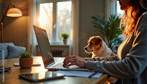 Work from home shows a woman at her laptop with her Jack Russell Terrier dog nearby. Work from home lifestyle includes modern technology and the companionship of a domestic animal.