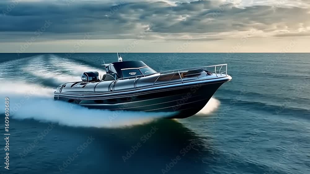 High-speed motorboat racing across the ocean waves under a dramatic sky at sunset