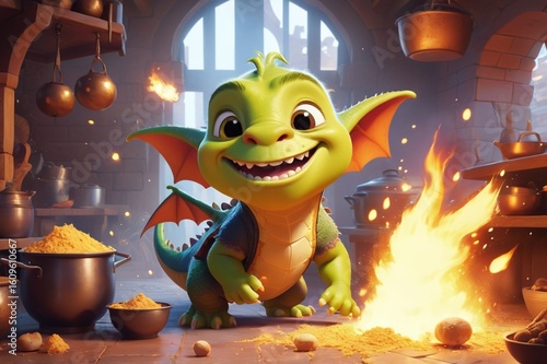 A cute baby dragon messing up a medieval-style kitchen, with flour and fire everywhere.