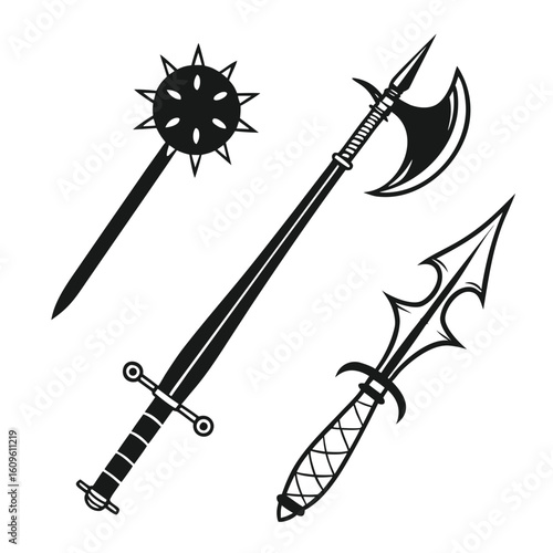 Medieval weapons collection black silhouette mace sword