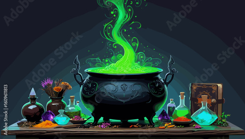 Magical cauldron bubbling with green potion surrounded by jars and herbs