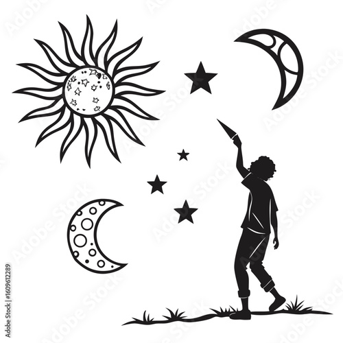 Person reaching for celestial bodies sun moon stars silhouette