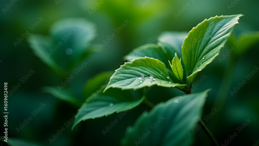 Green leaf with dew drops Green leaf with dew drops