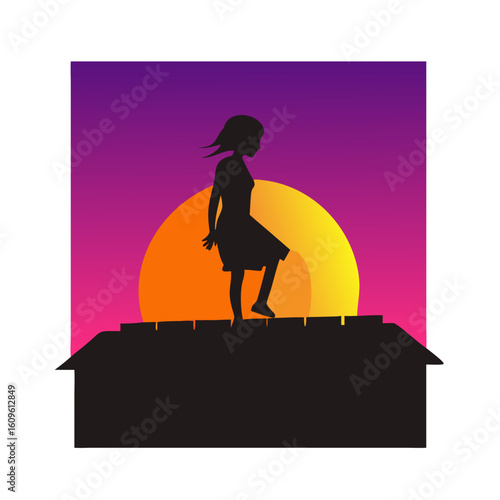 Silhouette of Girl on Rooftop at Sunset