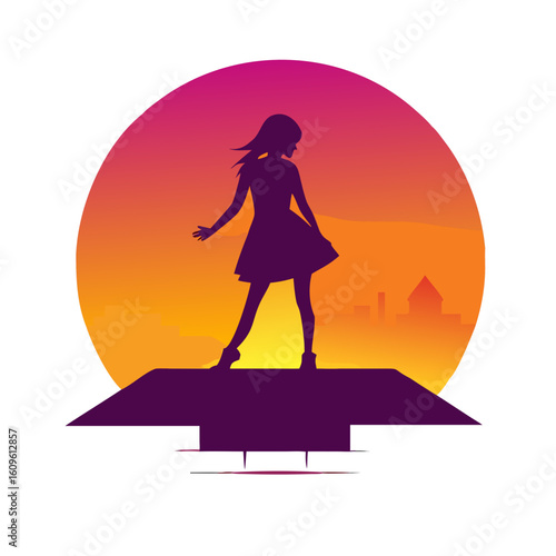 Silhouette of Girl on Rooftop at Sunset