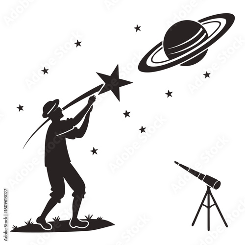 Silhouette of astronomer reaching for star with planet and telescope vector
