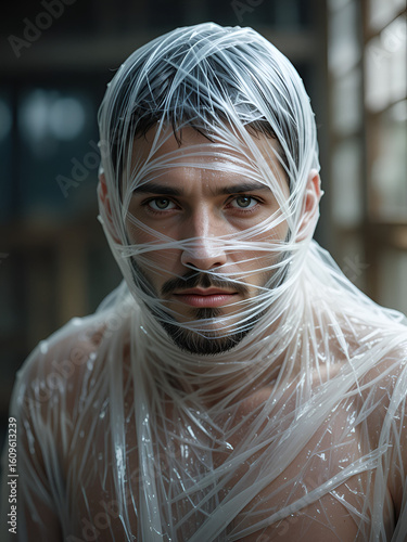 Man with Wrapped in Plastic Wrap