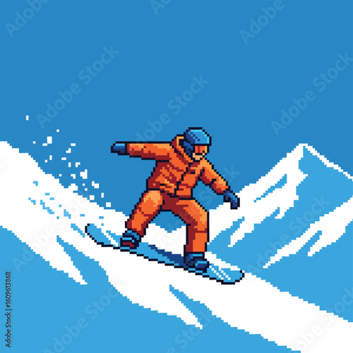 Pixel art of a snowboarder in an orange snowsuit riding down a snowy mountain.