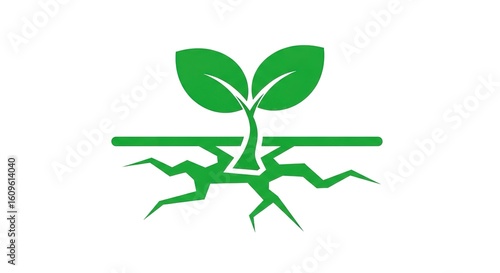 Green plant growing from cracked earth illustration on a white background.