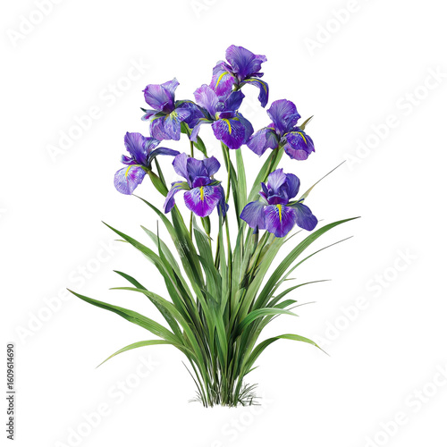 Wallpaper Mural PNG of Vibrant purple irises beautifully arranged with lush green leaves, showcasing nature's elegance. Torontodigital.ca