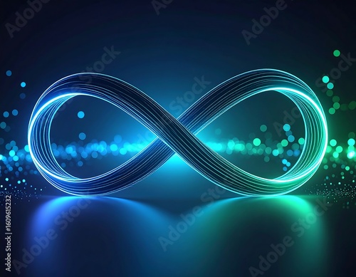 Abstract infinity symbol with glowing neon lines and bokeh lights