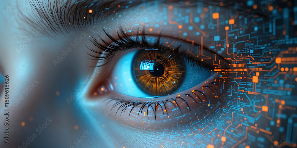 Fototapeta premium Human eye merging with digital data stream