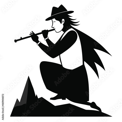 Elegant illustration of a musician playing a wind instrument silhouette on a mountain landscape.