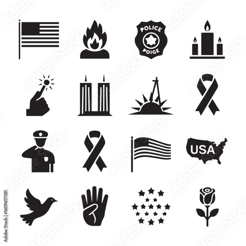 Collection of american patriotic and memorial icons representing remembrance unity and national pride with american flag and symbols