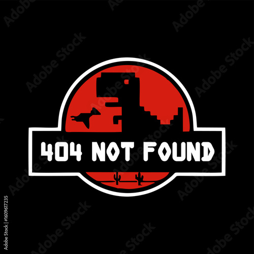 Funny 404 Not Found Dinosaur graphic design. Jurassic Park pixel art parody illustration. Vintage animal artwork for printed t-shirts, posters, stickers, and more