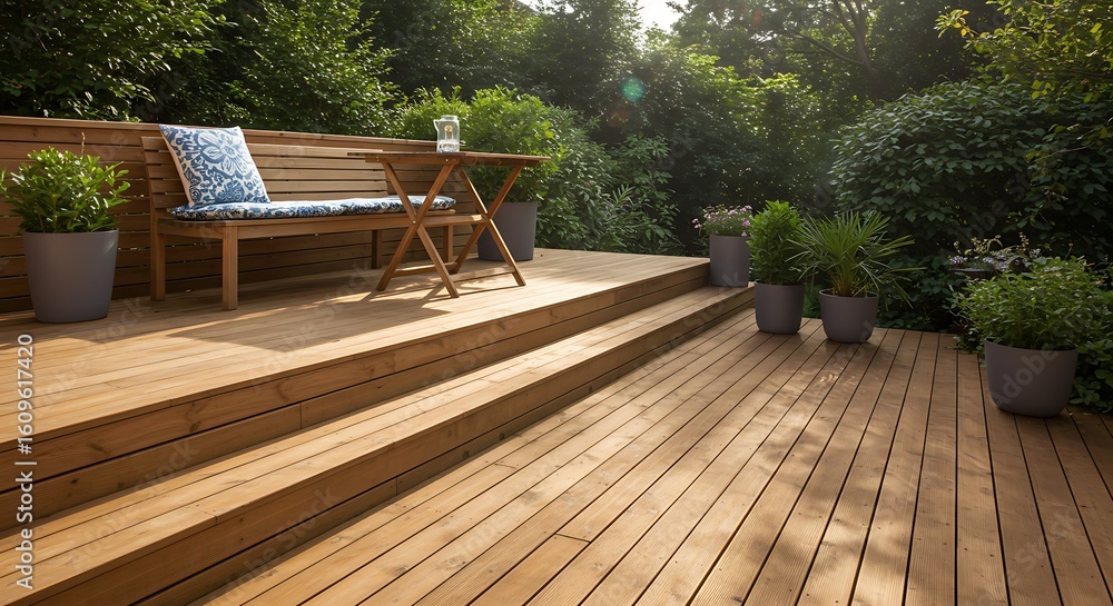 Fototapeta premium Wooden deck with furniture and plants in a tranquil garden