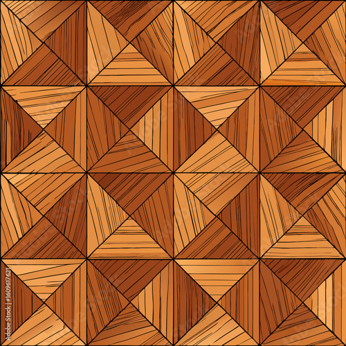 Geometric wood flooring pattern with triangular sections. Seamless pattern design with repeating geometric shapes and wood grain textures.