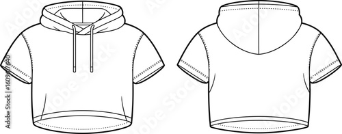 Women's Cropped Short Sleeve Hoodie Technical Fashion Flat Sketch, Apparel Design Template, Outline Vector Illustration, Front and Back View, Modern Casual Sportswear, Digital Fashion Drawing.
