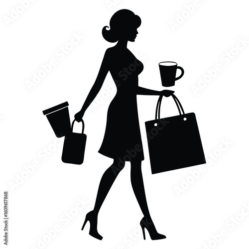 Elegant silhouette of a woman enjoying shopping and coffee carrying bags and cup against a white background