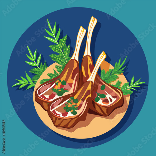 Roasted lamb ribs arranged on a plate with fresh herbs. displayed for a restaurant menu or cookbook.