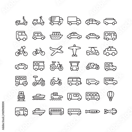Collection of hand drawn black and white doodle icons representing various modes of transportation and vehicles for travel and logistics