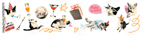 Cat birthday party halftone art collage cut outs set. Funny stickers with vintage dotted texture and doodles. Modern retro grunge mixed media vector illustration on transparent background