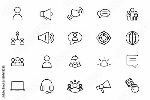 A clean line illustration pack that conveys how public relations builds trust and reputation. Best suited for branding presentations, social outreach, and digital communications.